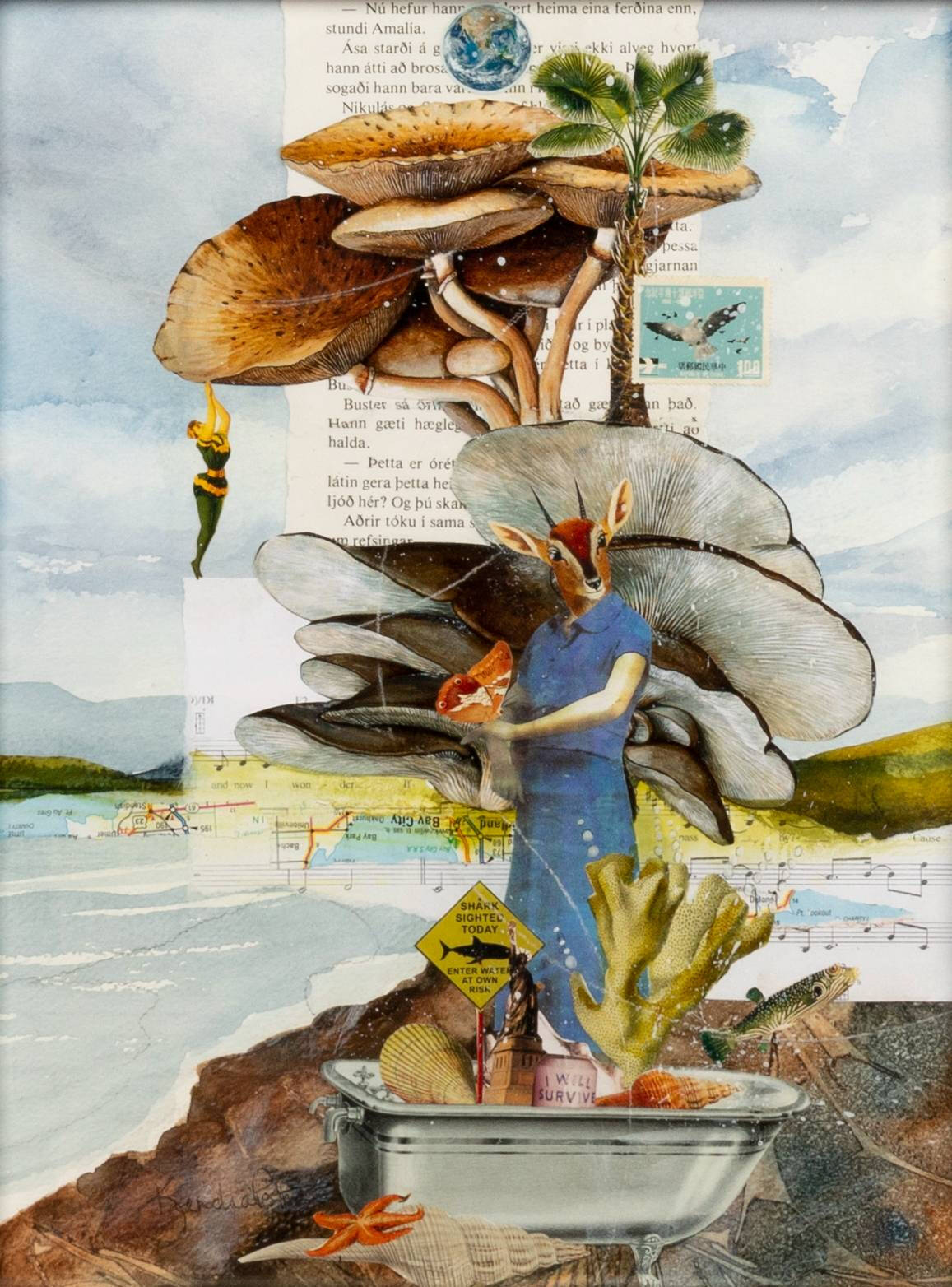Collage of a deer wearing a dress in a bathtub with mushrooms behind it. Backgrond has text and a beach scene.